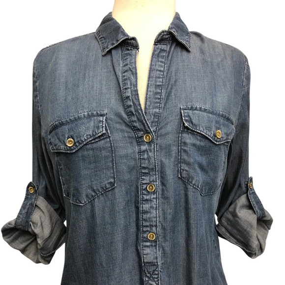 Bella Dahl Soft Denim Button Roll Tab Sleeves Henley Pullover - Picture 2 of 14